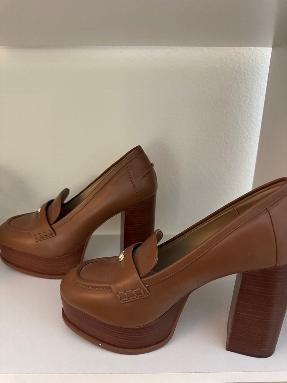 Michael Kors Brown Leather Platform Penny Loafers with Gold MK Accent - Picture 5 of 7